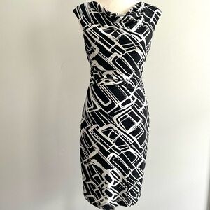 Elegant Black and White Sleeveless  Geometric Print Midi Dress Size 6